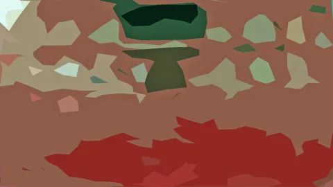 Abstrakte Komposition aus flachen, unregelmäßigen Formen in Terrakotta, Olivgrün, Hellgrün und Beige, unten ein großes rotes Feld.