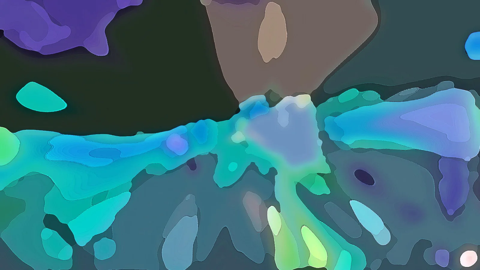Abstrakte Komposition aus türkisen, blauen und violetten organischen Farbformen auf dunkelgrauem Grund.