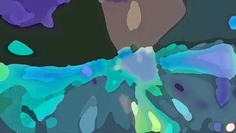 Abstrakte Komposition aus türkisen, blauen und violetten organischen Farbformen auf dunkelgrauem Grund.