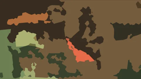 Abstraktes Bild aus braunen, dunkelbraunen, grünen und orangefarbenen Flächen mit unregelmäßigen, gezackten Konturen.