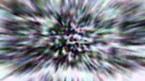 Abstrakte Komposition mit radial von der Mitte nach außen laufenden Streifen in Violett, Grün, Weiß und Dunkelblau, durchzogen von einer mosaikartigen Pixelstruktur.