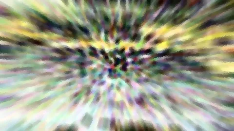 Abstrakte Komposition aus bunten Farbstrahlen, die von einem dunklen Zentrum radial nach außen laufen, mit weichen, verwaschenen Pixelflächen in Gelb, Grün, Violett und Weiß.