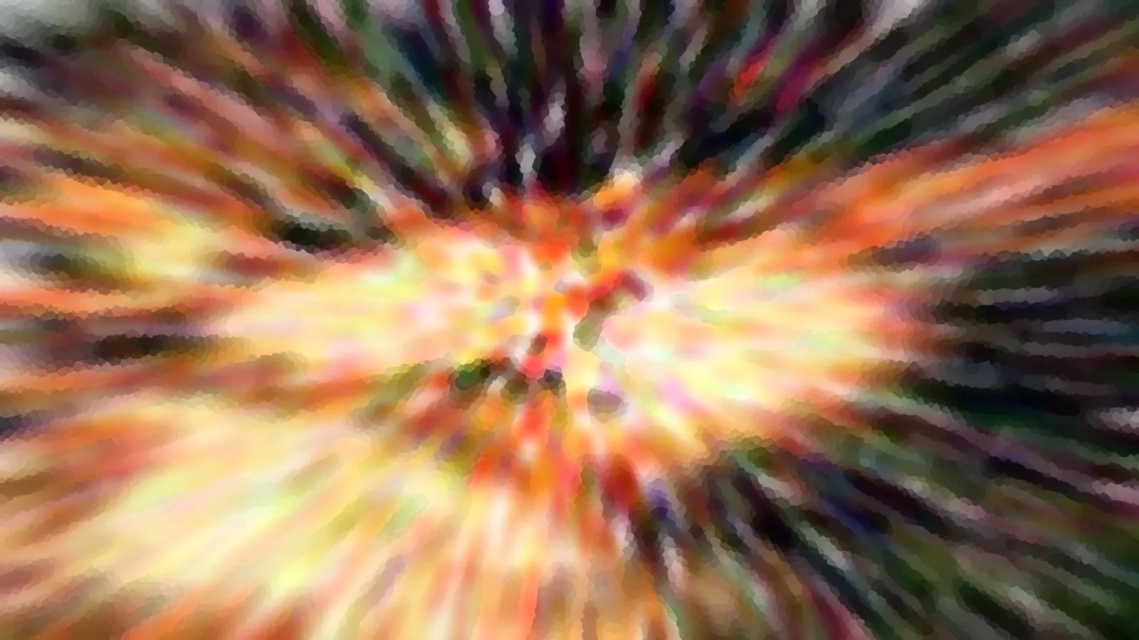 Abstraktes Bild mit farbigen Streifen in Orange, Gelb, Grün und Violett, die von einem hellen Zentrum radial nach außen verlaufen.