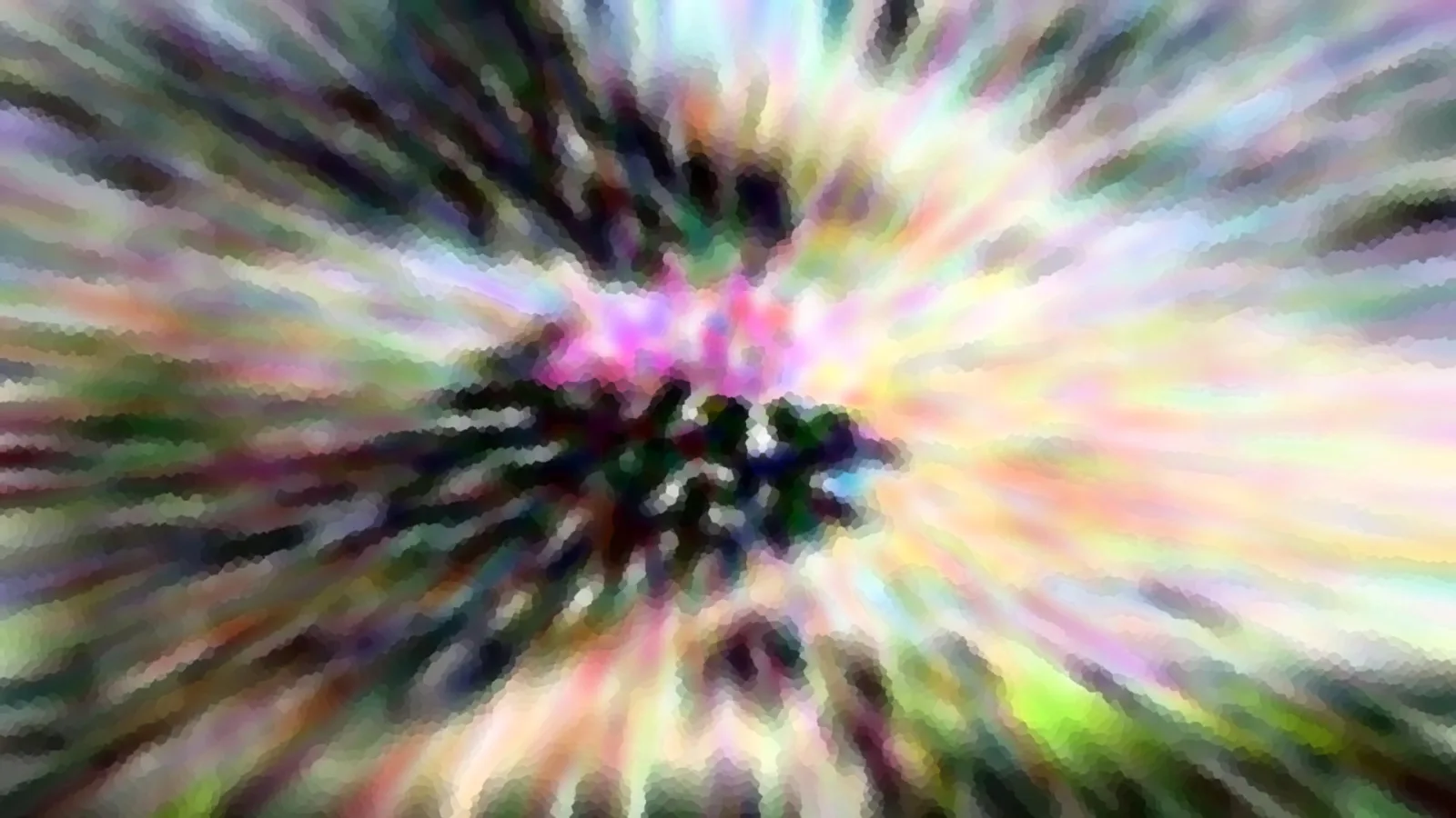 Abstrakte Komposition aus radial verwischten, bunten Streifen in Rosa, Grün, Weiß und Violett mit dunklem, grünlichem Zentrum.