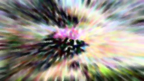 Abstrakte Komposition aus radial verwischten, bunten Streifen in Rosa, Grün, Weiß und Violett mit dunklem, grünlichem Zentrum.