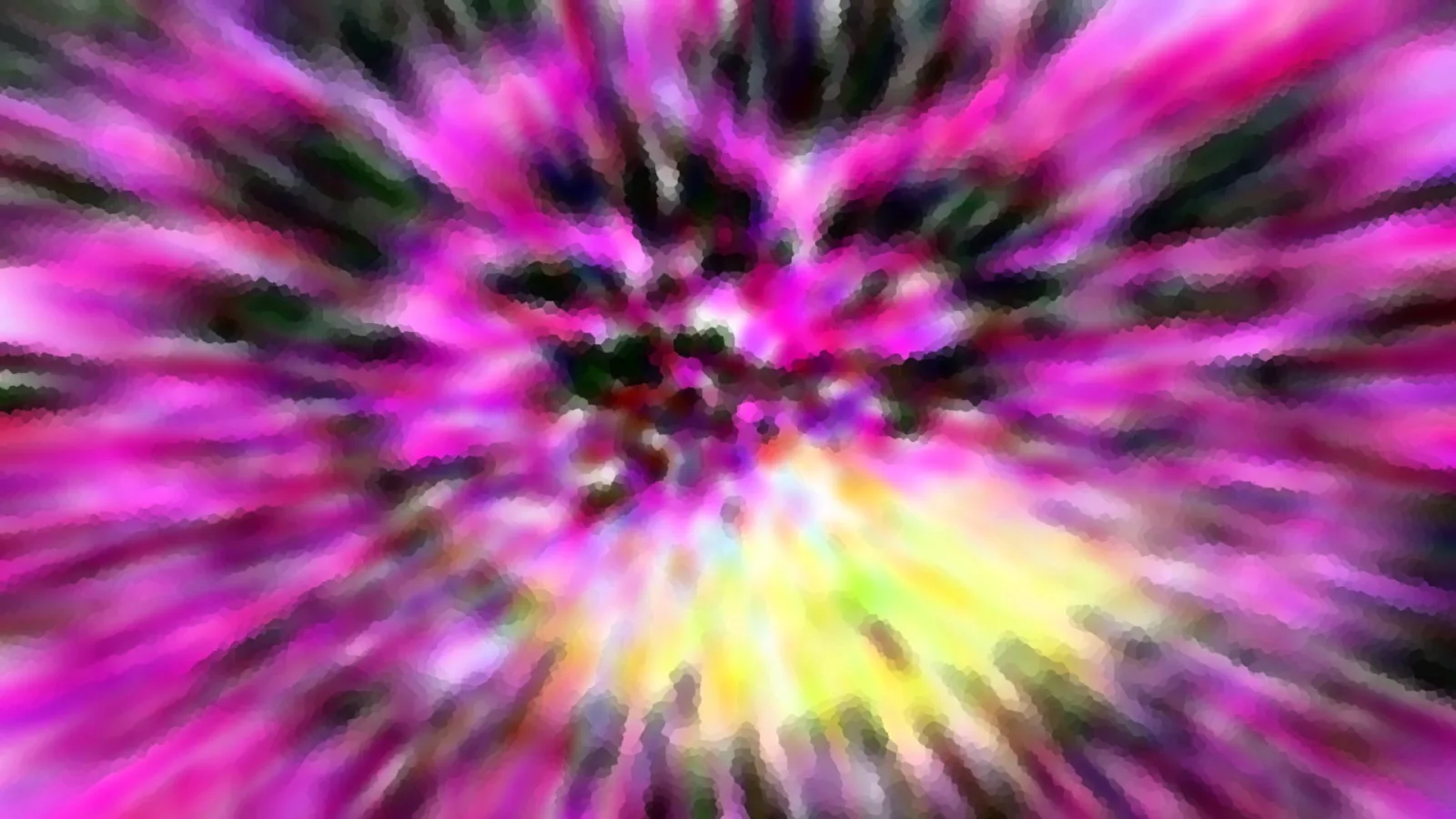 Abstraktes Bild mit radialer Bewegungsunschärfe in Pink, Magenta und Schwarz, unten in der Mitte gelbgrüne Töne.
