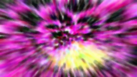 Abstraktes Bild mit radialer Bewegungsunschärfe in Pink, Magenta und Schwarz, unten in der Mitte gelbgrüne Töne.