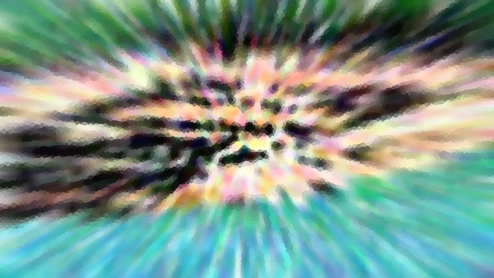 Abstraktes Bild mit radial von der Mitte ausstrahlenden Streifen in Grün, Türkis, Rosa und Gelb, dazwischen dunkle Flecken, grob gepixelt.