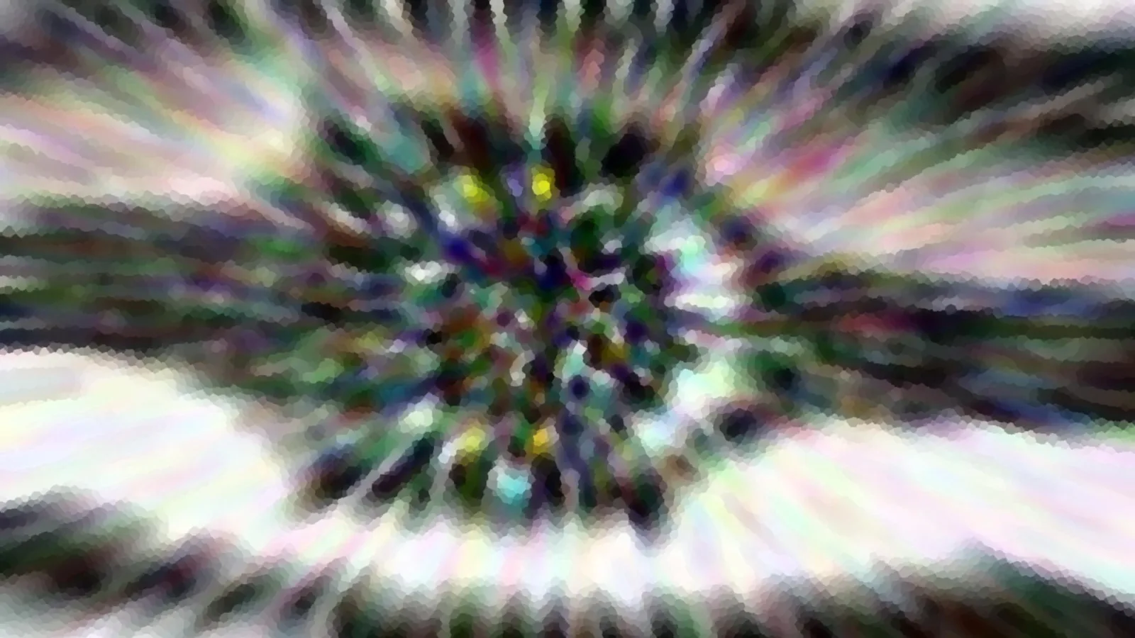 Abstraktes Bild mit radial von einem Zentrum ausgehenden Farbstreifen in Grün, Lila, Weiß und Gelb, leicht verwischt und mosaikartig gepixelt.