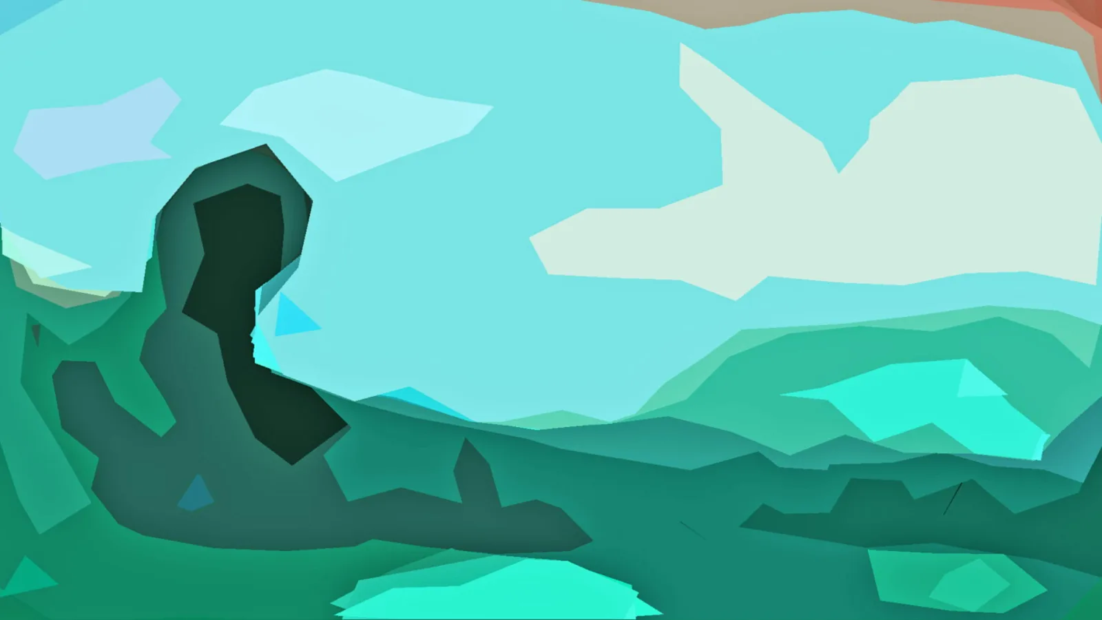 Abstrakte Landschaft aus flächigen Formen in Türkis und Grüntönen, links eine dunkle, schlangenartige Form, oben ein heller Himmel mit hellen Wolkenflächen.
