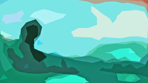 Abstrakte Landschaft aus flächigen Formen in Türkis und Grüntönen, links eine dunkle, schlangenartige Form, oben ein heller Himmel mit hellen Wolkenflächen.