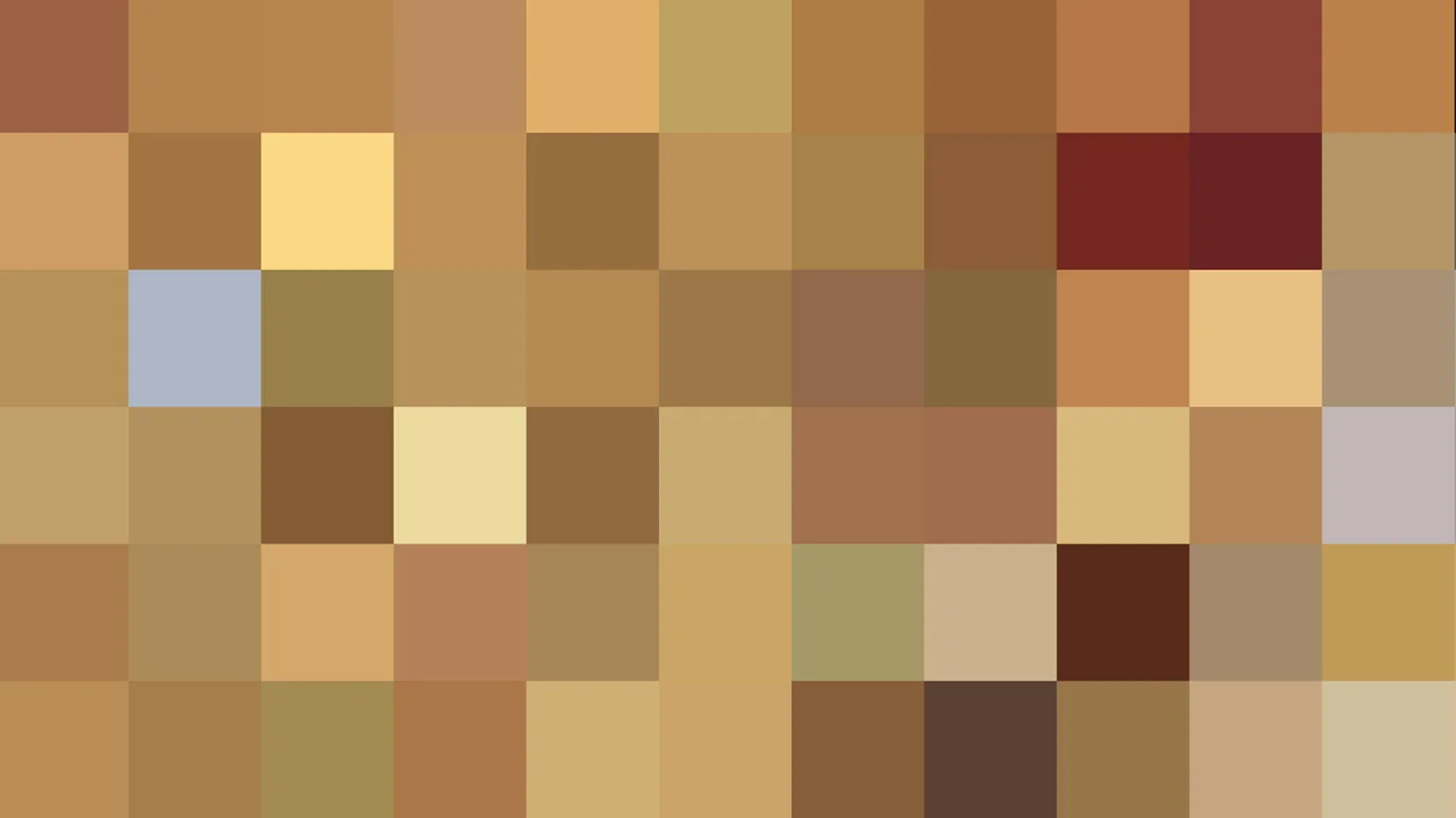 Abstraktes Mosaik aus quadratischen Pixelblöcken in Braun-, Ocker- und Beigetönen, dazwischen vereinzelt Rot, Blau und Gelb.