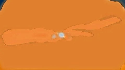 Abstraktes Bild mit orangefarbenem Hintergrund, zwei länglichen helleren Formen und leuchtenden blauen Lichtpunkten in der Mitte