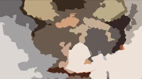 Abstrakte Komposition aus unregelmäßigen Flächen in Beige, Braun, Grau und Creme mit wenigen orangefarbenen Akzenten.