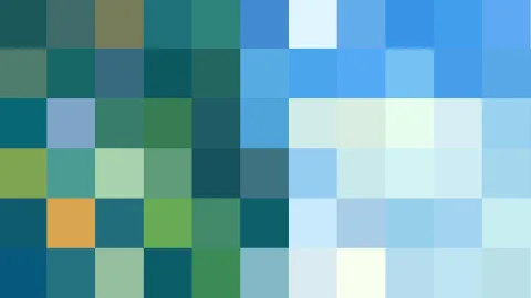Abstraktes Mosaik aus quadratischen Farbfeldern in Petrol, Grün und Hellblau