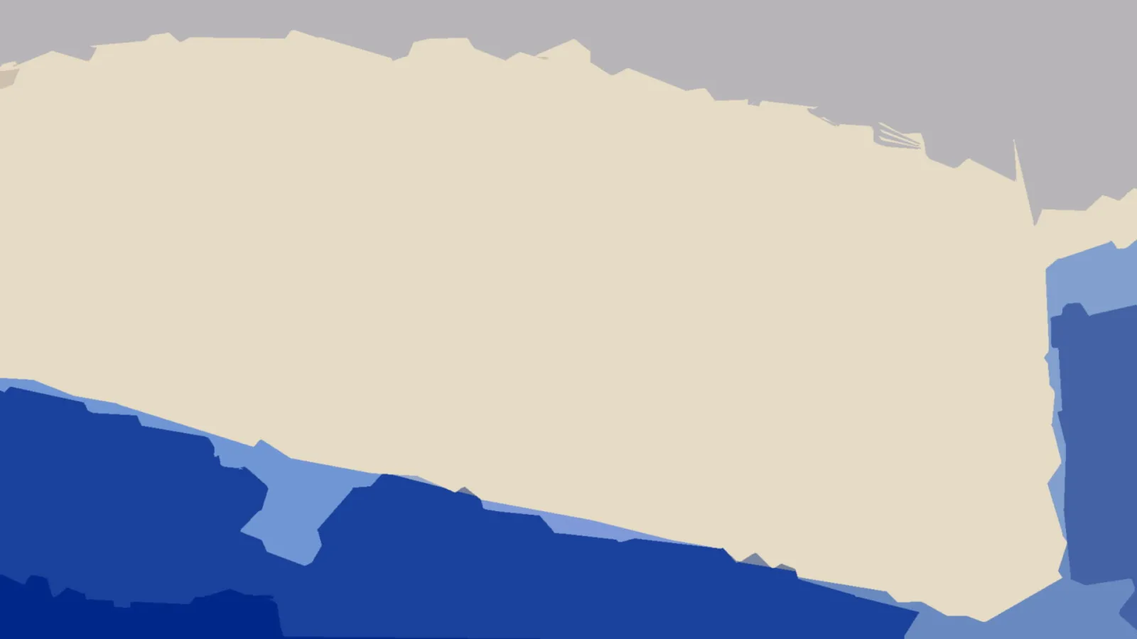 Abstrakte Komposition aus großen beigen Flächen, grauen Bereichen oben und blauen Formen unten.
