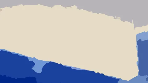 Abstrakte Komposition aus großen beigen Flächen, grauen Bereichen oben und blauen Formen unten.