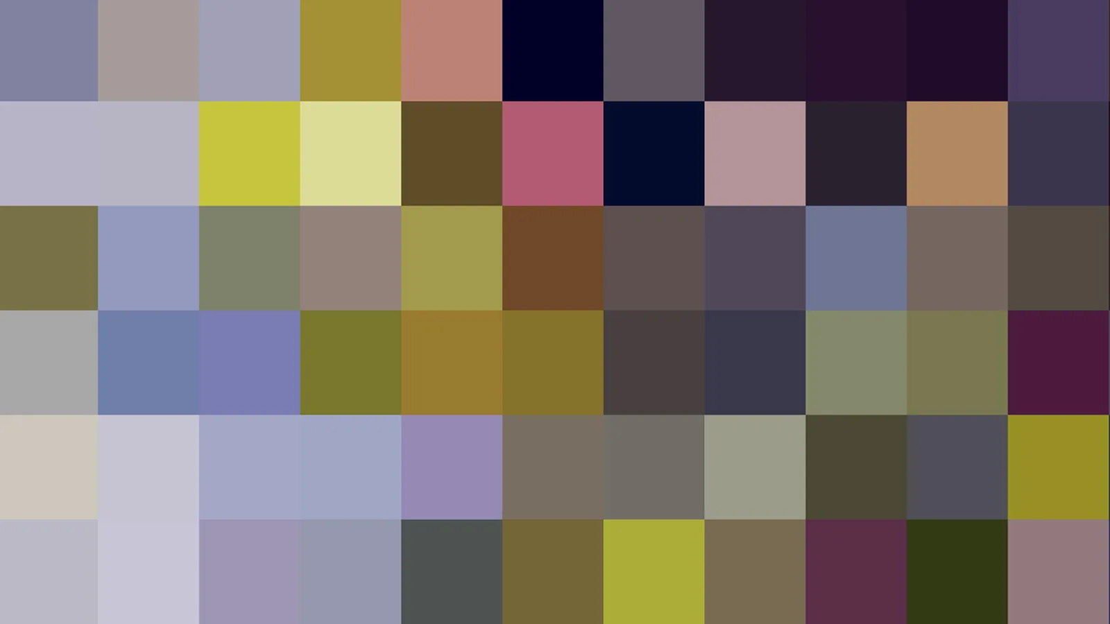 Rasterbild aus 60 quadratischen Farbfeldern in Violett, Olivgrün, Blau und Beige.