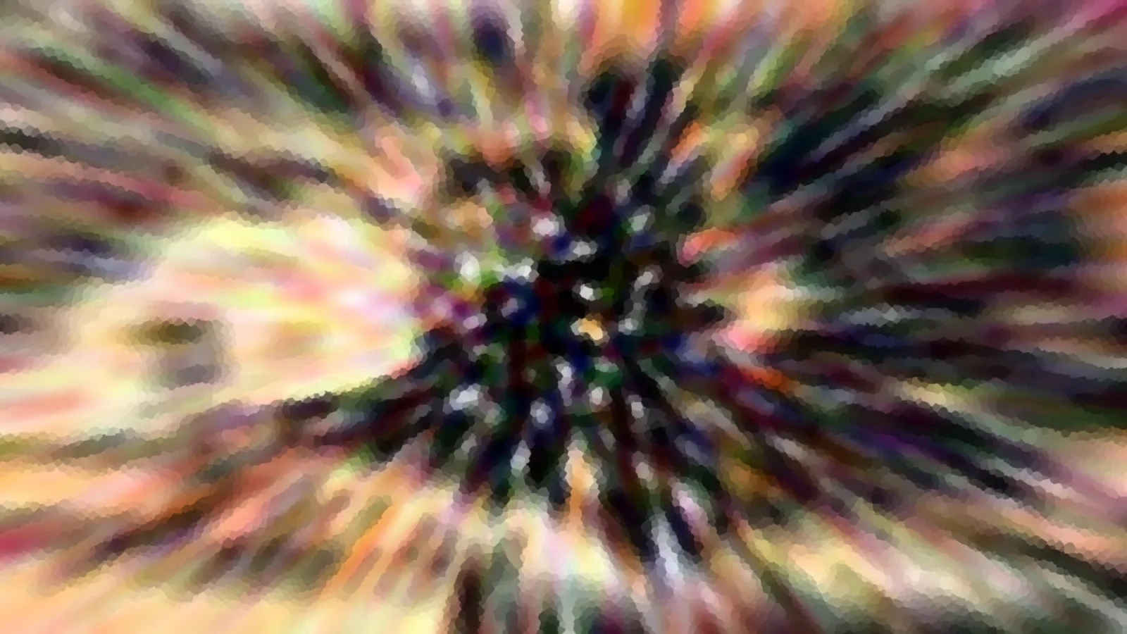 Abstrakte Komposition aus bunten Farbstrahlen, die von einem dunklen Zentrum in der Bildmitte radial nach außen laufen, mit mosaikartiger Pixelstruktur.