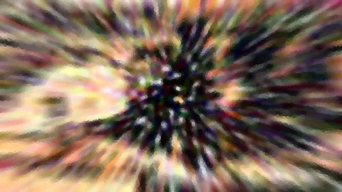 Abstrakte Komposition aus bunten Farbstrahlen, die von einem dunklen Zentrum in der Bildmitte radial nach außen laufen, mit mosaikartiger Pixelstruktur.