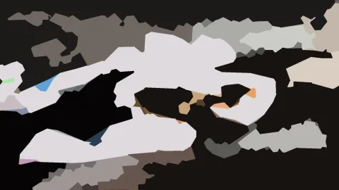 Abstrakte Komposition aus flachen, unregelmäßig geformten Flächen in Weiß, Hellgrau, Schwarz und vereinzelt Orange, Braun und Blau.