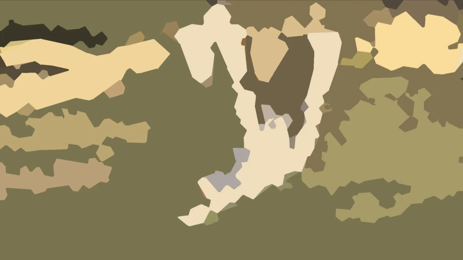 Abstrakte Komposition aus unregelmäßigen Flächen in Oliv, Beige und Dunkelbraun, in der Mitte eine helle, figurenartige Form.