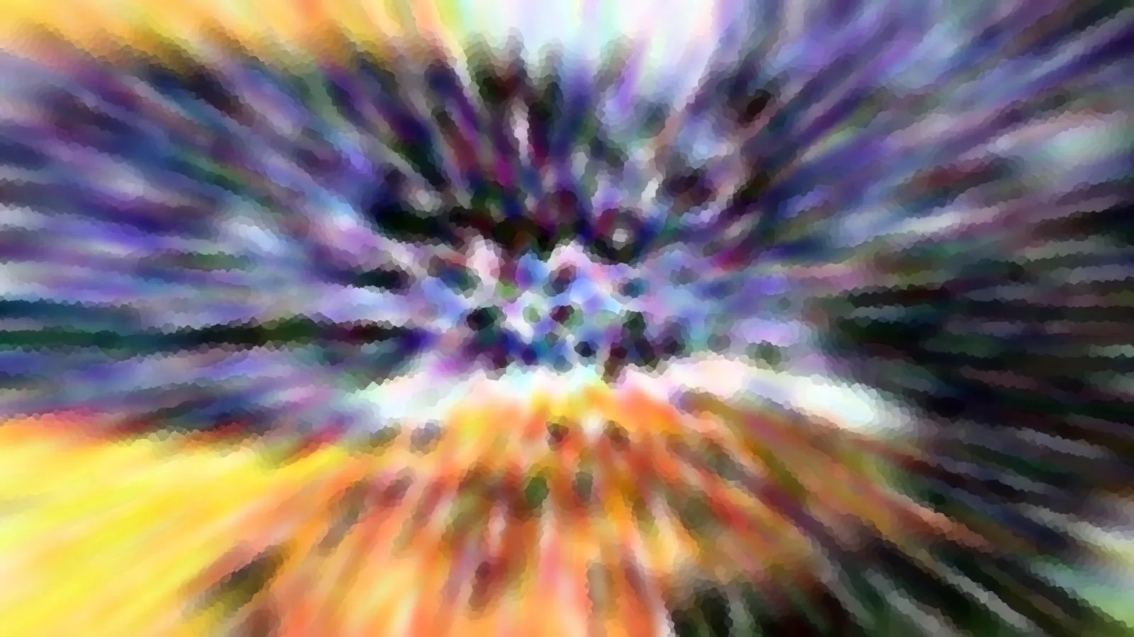 Abstrakter Zoom-Effekt mit radial nach außen laufenden Streifen in Violett, Blau, Gelb und Orange, im Zentrum dunkle Punkte.