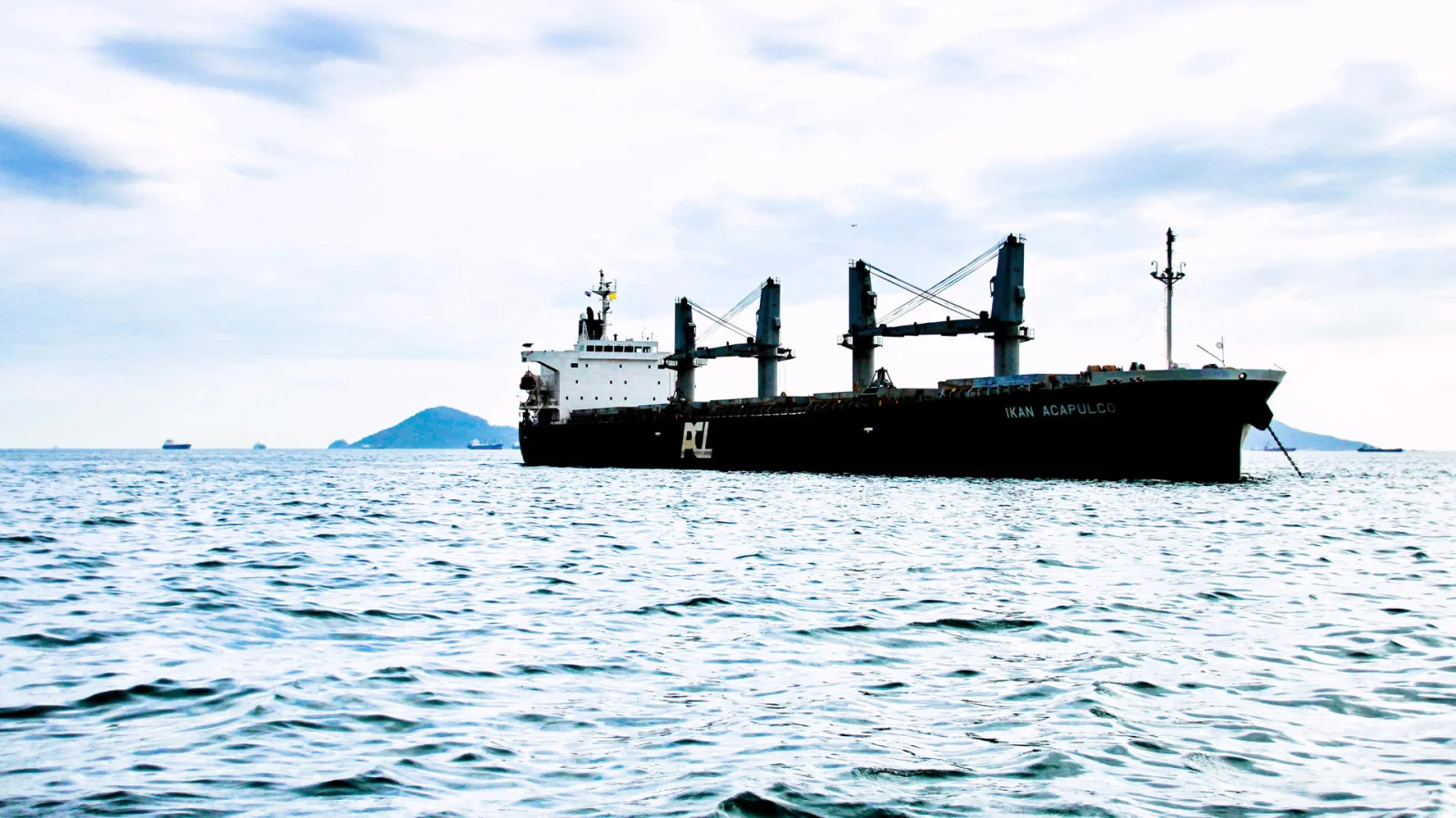 Schwarzes Frachtschiff mit weißem Aufbau und grauen Ladekränen fährt auf ruhiger, bewegter See; im Hintergrund liegen Inseln unter bewölktem Himmel.