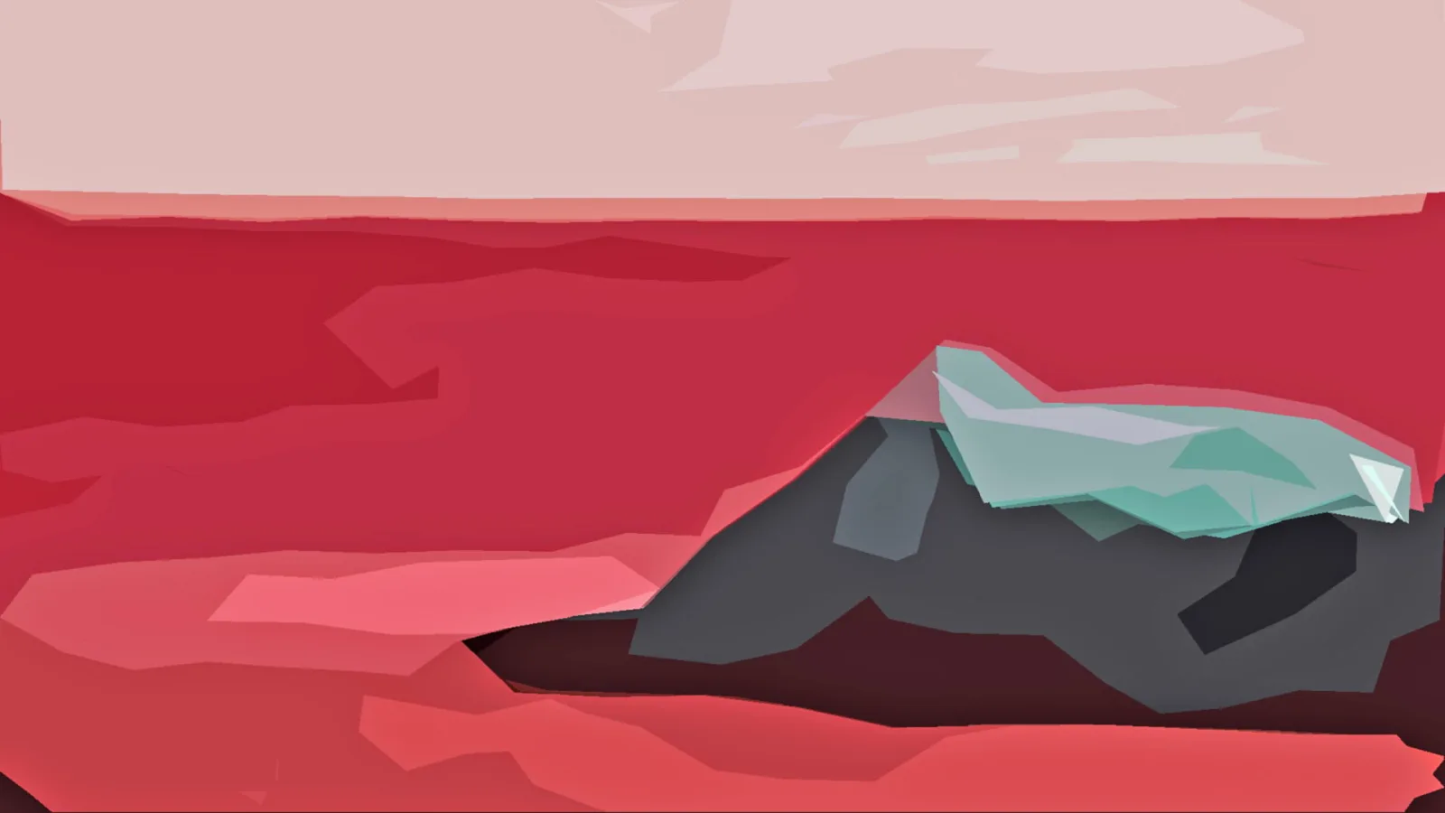 Abstrakte Landschaft in Rot- und Rosatönen mit einem dunklen Felsen, auf dem eine türkisfarbene Eisfläche liegt, darüber ein heller Himmel.