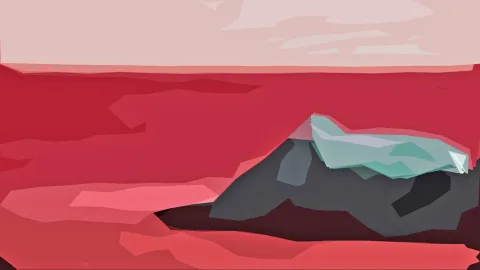 Abstrakte Landschaft in Rot- und Rosatönen mit einem dunklen Felsen, auf dem eine türkisfarbene Eisfläche liegt, darüber ein heller Himmel.