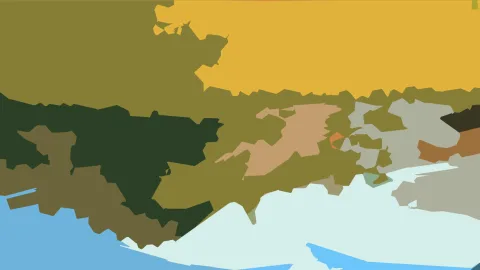 Abstraktes Bild aus unregelmäßigen, flachen Farbflächen in Ocker, Oliv, Dunkelgrün, Beige, Grau und Hellblau