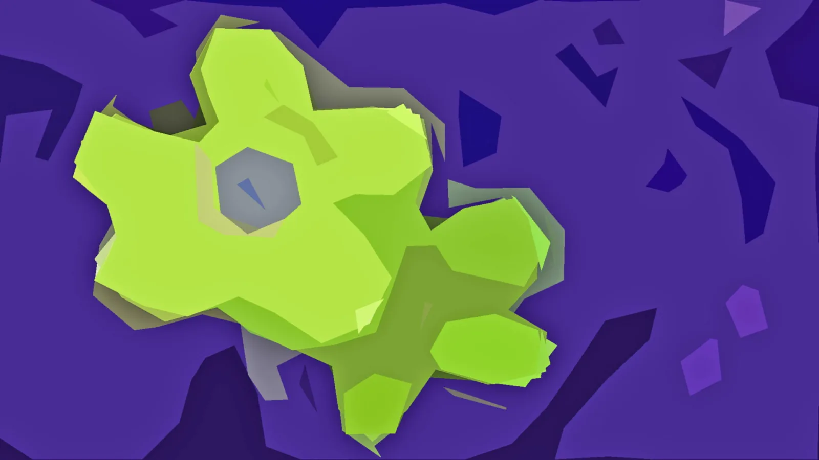 Abstrakte Komposition aus hellgrünen, ineinandergreifenden Polygonformen mit einem grauen Loch auf violettem, facettiertem Hintergrund.