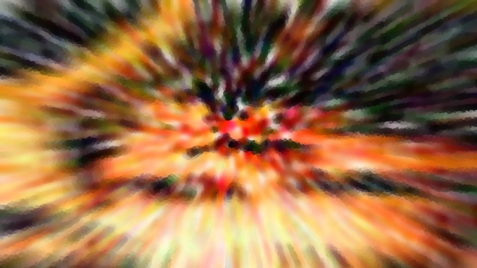 Orange, gelbe und dunkelgrüne Farbstreifen laufen radial von einem hellen Zentrum nach außen, durch Zoom-Unschärfe verwischt.