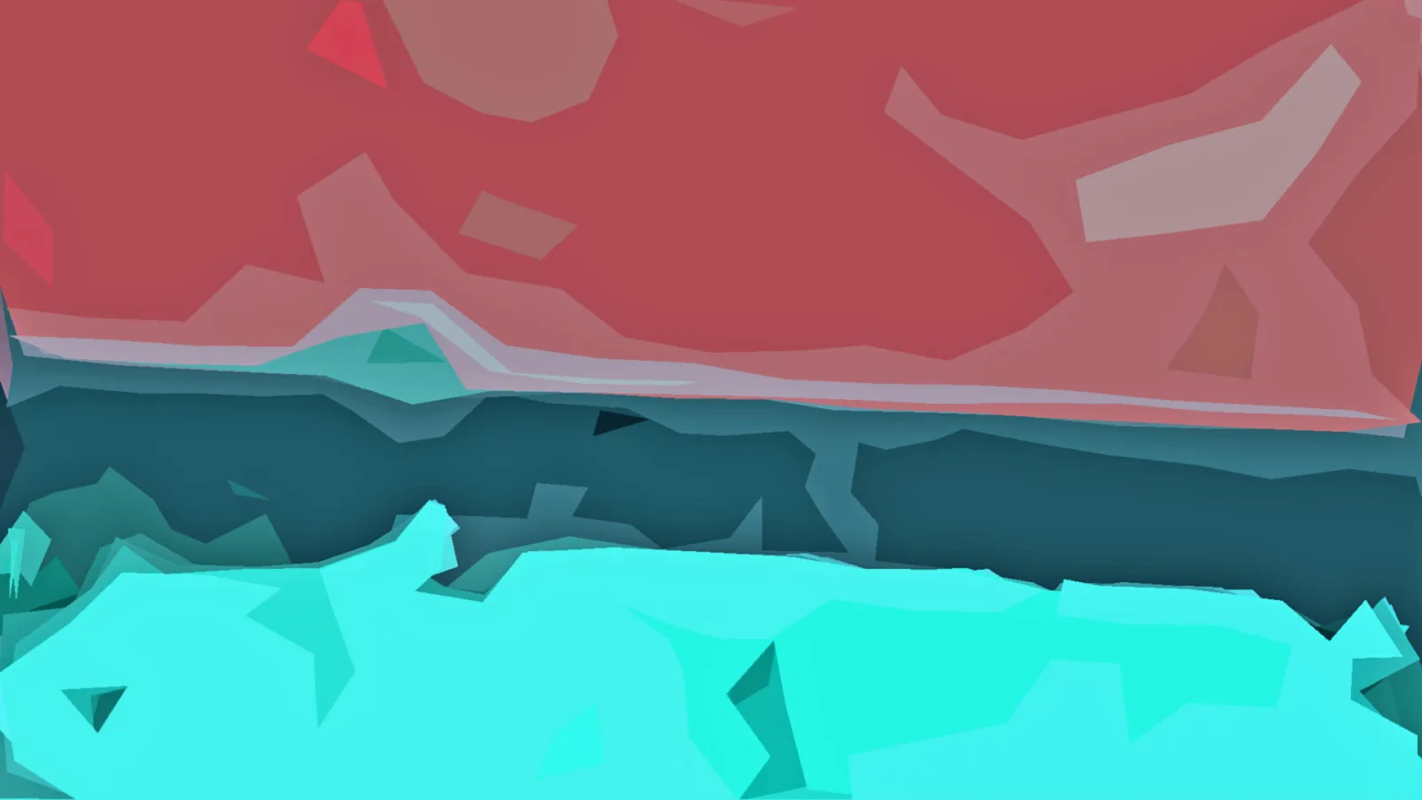 Abstrakte Komposition aus großen roten, dunkelblauen und türkisen Flächen in Low-Poly-Optik, unten ein helles Türkis.