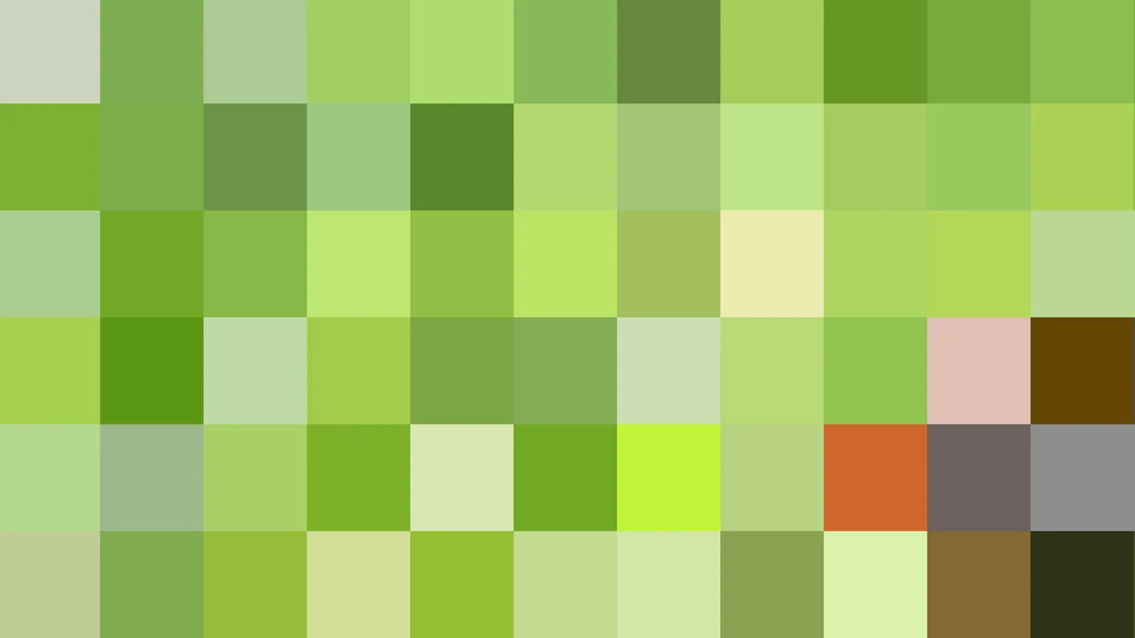 Mosaik aus quadratischen Pixeln in verschiedenen Grüntönen, vereinzelt rosa, braun, orange und grau.