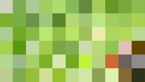 Mosaik aus quadratischen Pixeln in verschiedenen Grüntönen, vereinzelt rosa, braun, orange und grau.