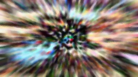 Abstraktes Bild mit radialer Unschärfe: bunte Farbstreifen laufen von einem dunklen Zentrum nach außen, das Ganze wirkt mosaikartig gepixelt.