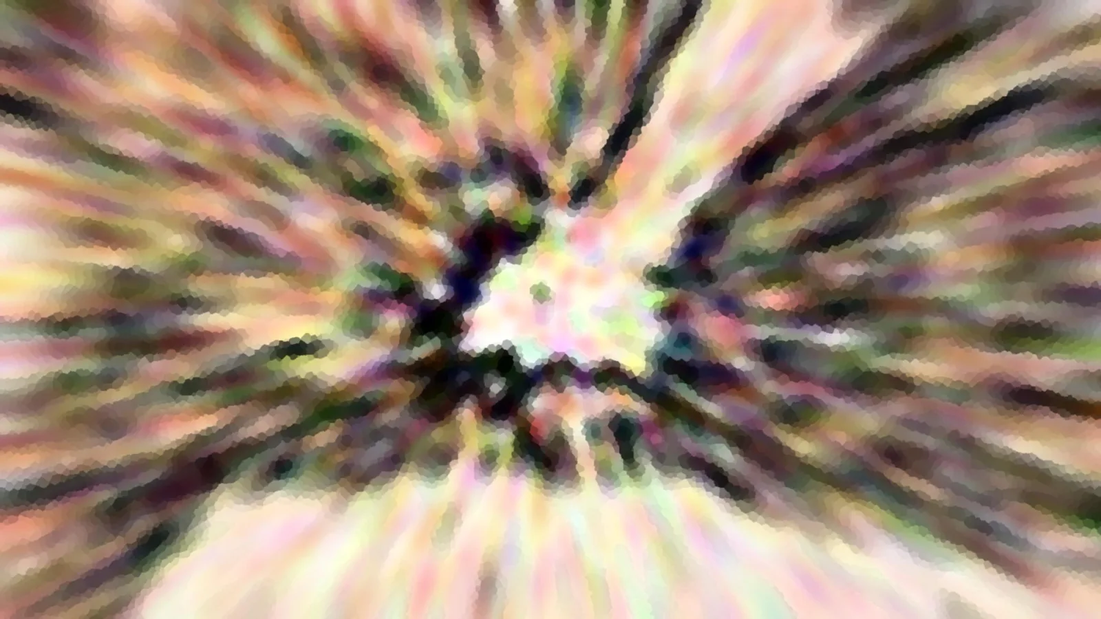 Abstrakte Komposition aus pastellfarbenen Streifen, die von einem dunklen Zentrum radial nach außen laufen, grob gepixelt und verwischt.