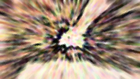 Abstrakte Komposition aus pastellfarbenen Streifen, die von einem dunklen Zentrum radial nach außen laufen, grob gepixelt und verwischt.