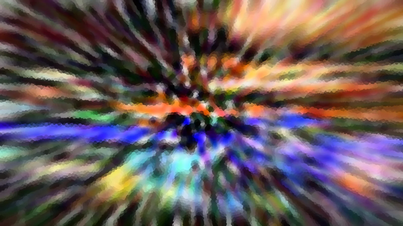 Abstraktes Bild mit bunten Streifen, die von einem dunklen Zentrum nach außen radial auseinanderlaufen, in Blau, Orange, Grün und Gelb, leicht gepixelt.