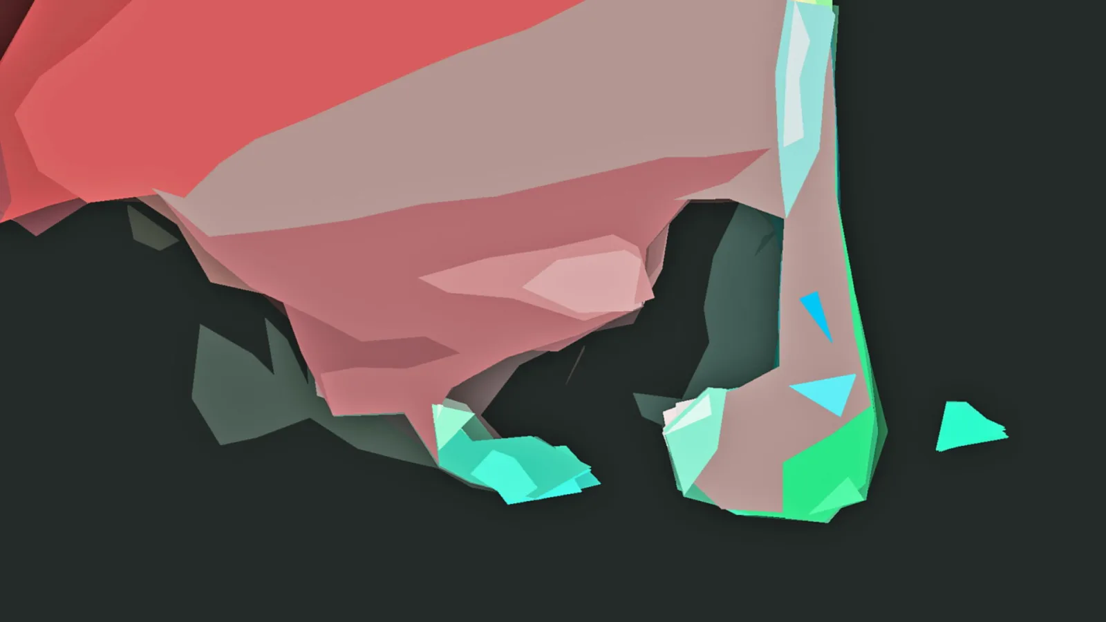 Abstrakte Komposition aus flachen, kantigen Polygonen in Rot, Rosa, Mintgrün und Türkis auf dunklem Hintergrund.