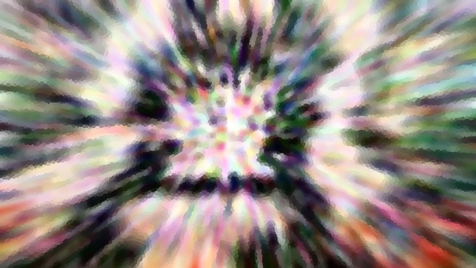 Abstraktes Bild mit pastellfarbenen Streifen, die von einem hellen Zentrum radial nach außen laufen, grob gepixelt.