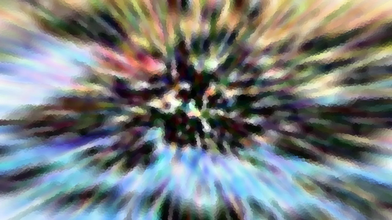 Abstraktes Bild mit radial von der Mitte nach außen laufenden, verwischten Streifen in Regenbogenfarben, Blau, Grün und Violett, die Mitte ist dunkel und fein gemustert.
