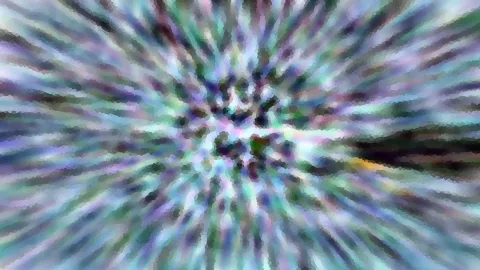Abstrakte Komposition aus pastellgrünen, blauen und violetten Streifen, die radial von einem dunklen Zentrum nach außen laufen, mosaikartig verpixelt.