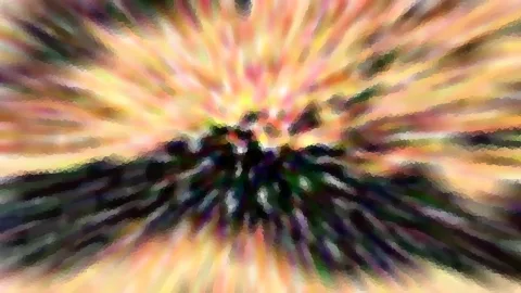 Stark verwischtes Bild mit radial von der Mitte nach außen laufenden Streifen in Gelb, Rosa und Orange, in der Mitte ein dunkles, grünliches Gewirr aus Formen.