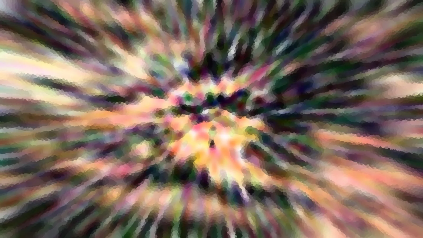 Abstraktes Bild mit radial von der Mitte nach außen laufenden, bunten Streifen in Grün, Rosa, Orange und Dunkelblau, die im Zentrum hell leuchten.