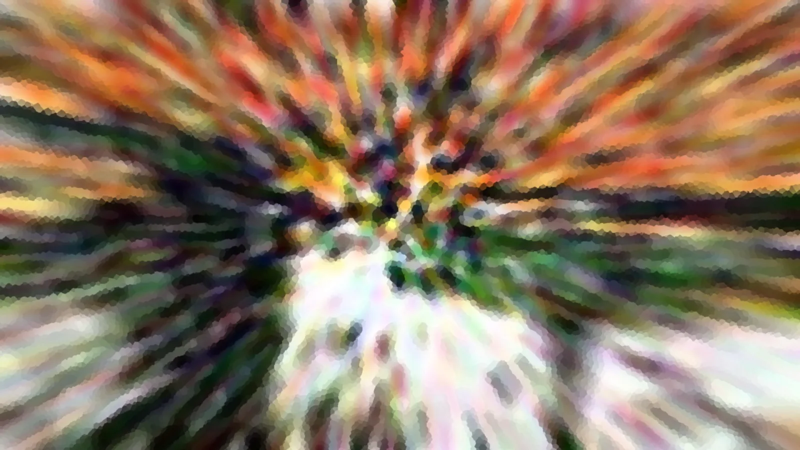 Abstrakte, radial verwischte Farbflächen in Orange, Grün und Weiß mit mosaikartiger Pixelstruktur.