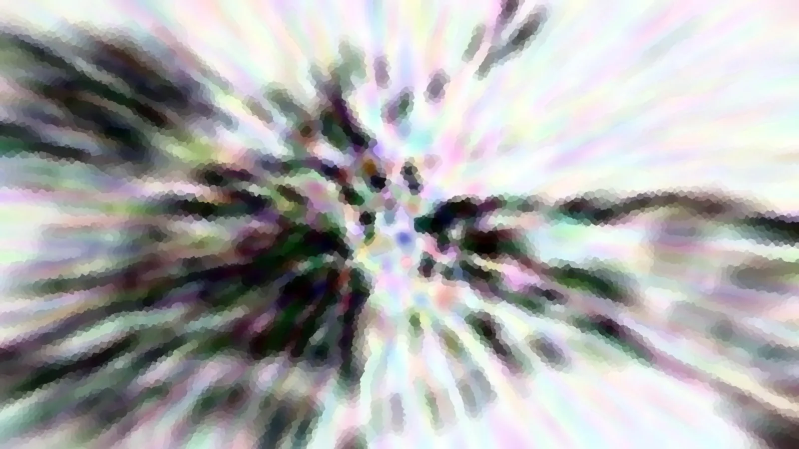 Abstrakte Komposition aus radial von der Mitte nach außen laufenden, verwischten Streifen in Pastellfarben wie Rosa, Weiß und Grün, dunkle Flecken am linken und oberen Rand, pixelige Mosaikstruktur.