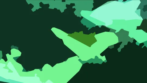 Abstrakte grüne Flächen mit kantigen, polygonalen Rändern vor einem dunklen Hintergrund