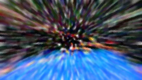 Abstrakte Komposition mit radialer Unschärfe: dunkle, bunte Mitte, unten blaue Schlieren, mosaikartig gepixelt.